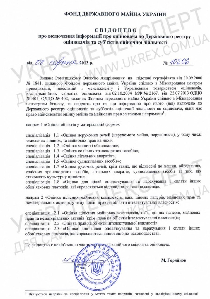 Свідоцтво про включення до Державного реєстру оцінювачів № 10206 — Ромсицький О.А.